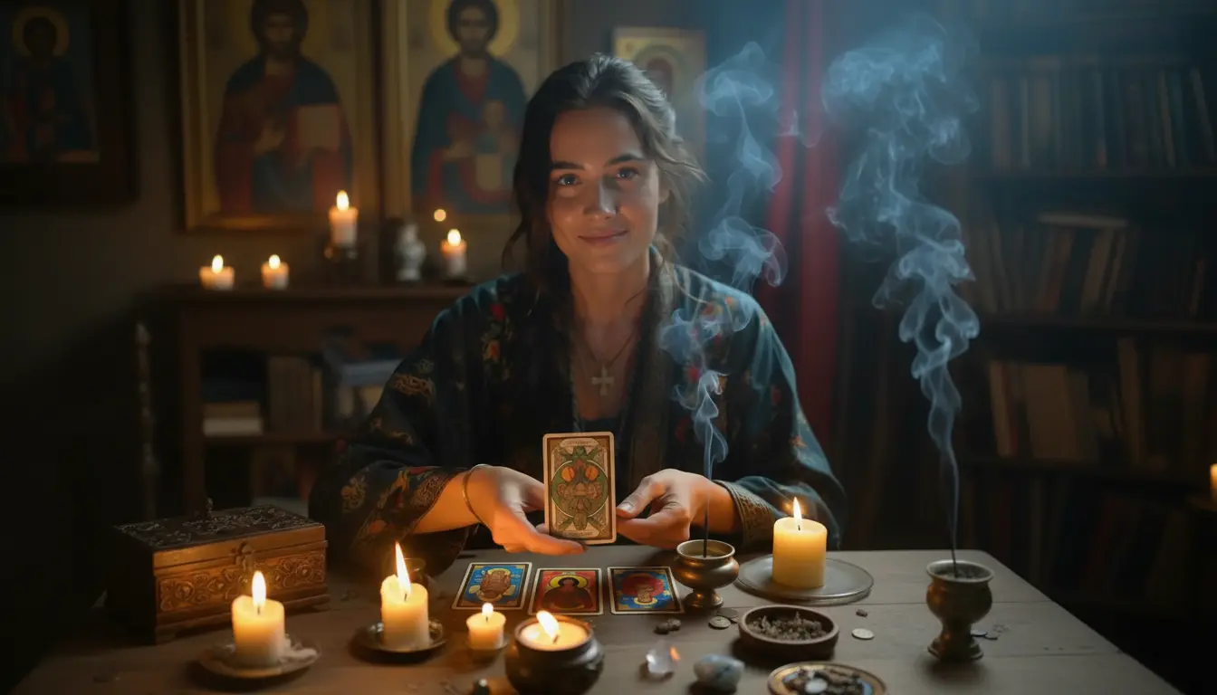 Обряд гадания на Таро — гадалка проводит эзотерический ритуал при свечах